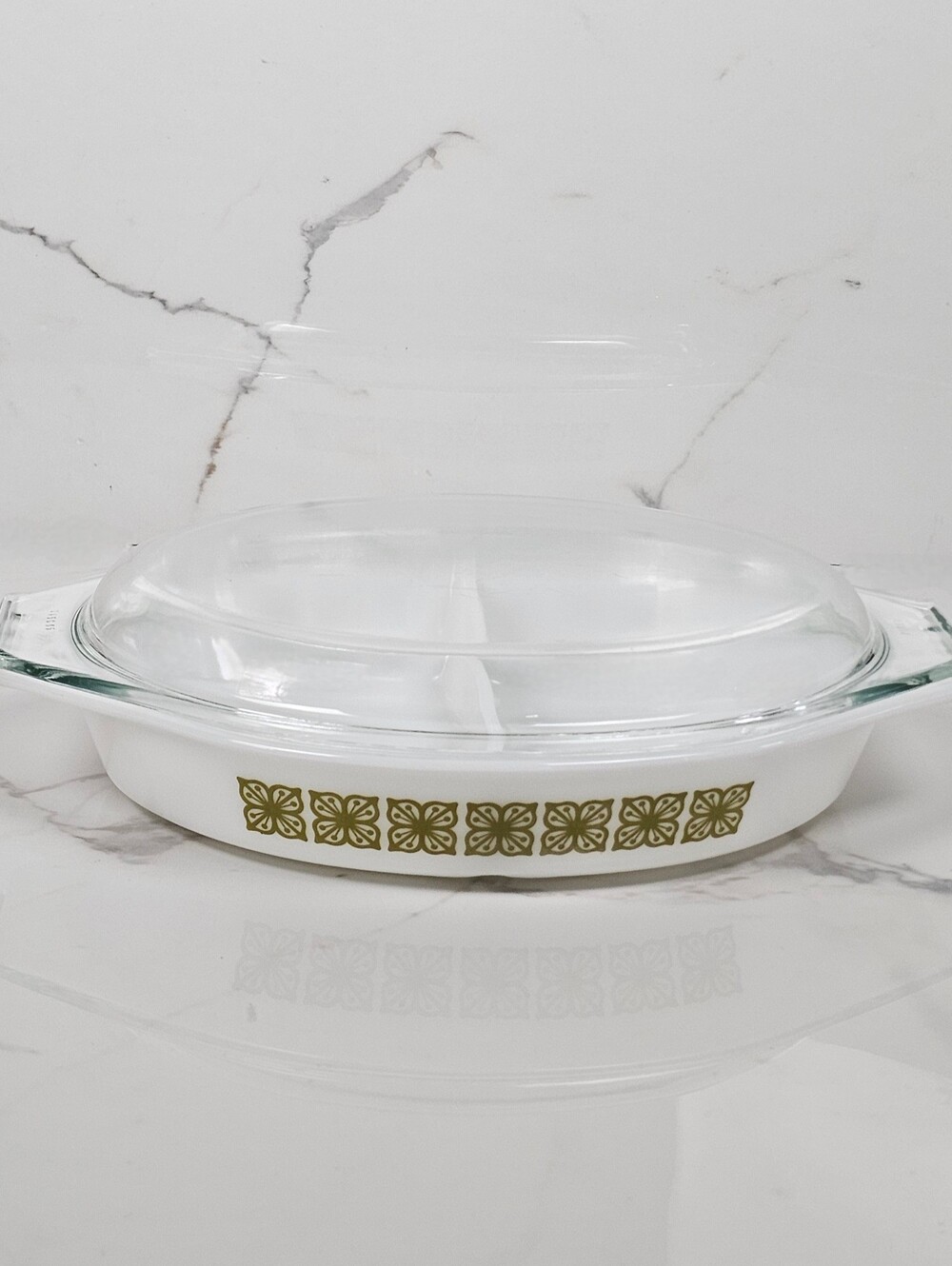 Vintage Pyrex Verde Olive Green Floral Divided Casserole Dish 1.5 Qt with Glass